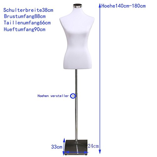 Manichino da sartoria, busto Torso da Donna per vetrine, con altezza regolabile Base quadrata in metallo Gr. 36/38 Bianca LW6020W