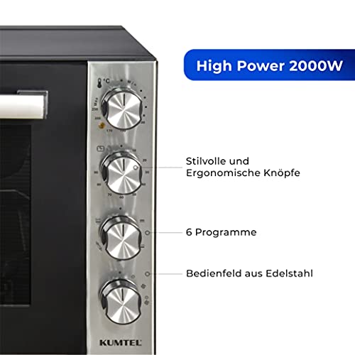 Mini Forno / Forno Per pizza, 70 Litri XXL, 2000 W, 6 modalità di cottura, Doppio Vetro, max 270 °C, Funzione Timer, rivestimento interno in granito, set di teglie Nero