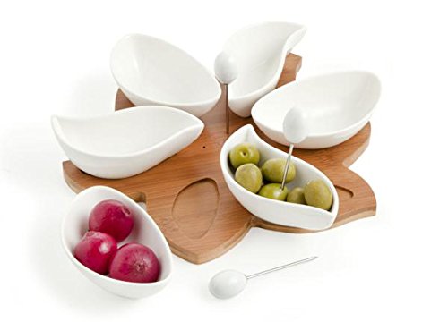 Brandani 55754 Antipastiera spicchi di sole in porcellana bianca con vassoio bamboo e 3 forchettine acciaio inox - Eccomi OnLine