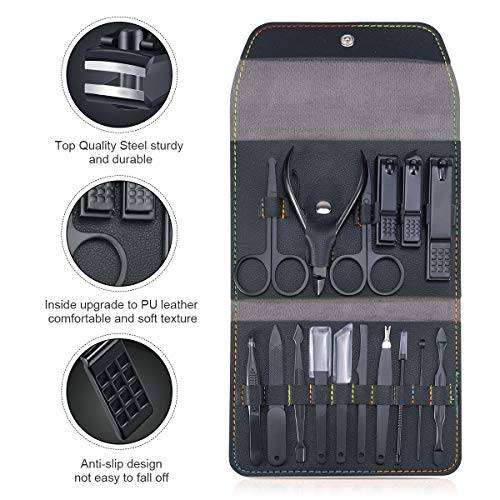 Tagliaunghie Set Professionale - Grooming Kit Strumenti per Manicure e Pedicure 16pcs con Lussuosa Custodia da Viaggio in Pelle (Nero) - Eccomi OnLine