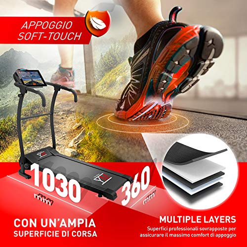 YM TAP100 Tapis Roulant Elettrico Pieghevole 10 km/h, App KINOMAP e ZWIFT Coaching Multiplayer, Sensore Cardio, 12 Programmi, Pulsanti Velocità Manubrio, Lubrificazione Automatica, 750W (2,5HP Picco)