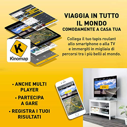 YM TAP100 Tapis Roulant Elettrico Pieghevole 10 km/h, App KINOMAP e ZWIFT Coaching Multiplayer, Sensore Cardio, 12 Programmi, Pulsanti Velocità Manubrio, Lubrificazione Automatica, 750W (2,5HP Picco)