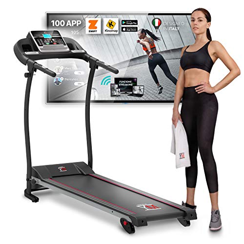 YM TAP100APP Tapis Roulant Elettrico Pieghevole 11 km/h App KINOMAP & ZWIFT Video/Coach, Sensore Cardio Inclinazione Regolabile, 12 Programmi, Lubrificazione Automatica, 750W (1800W - 2,5HP Picco)