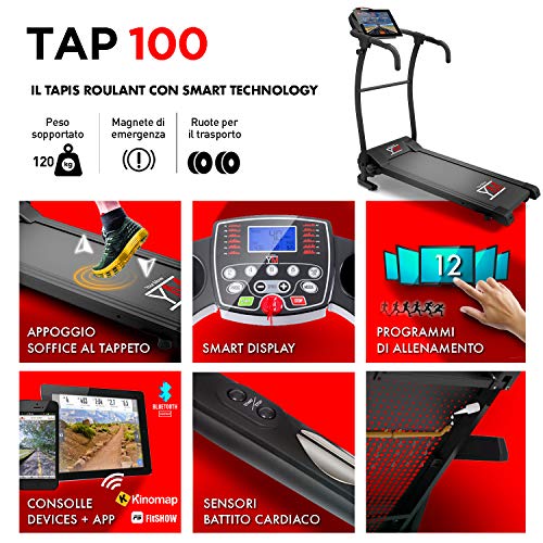 YM TAP100 Tapis Roulant Elettrico Pieghevole 10 km/h, App KINOMAP e ZWIFT Coaching Multiplayer, Sensore Cardio, 12 Programmi, Pulsanti Velocità Manubrio, Lubrificazione Automatica, 750W (2,5HP Picco)