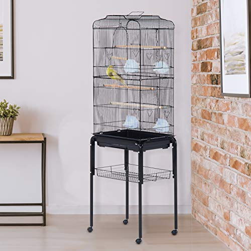 Voliera Gabbia per Uccelli con Ruote in Metallo Nero 47.5 × 37 × 153cm