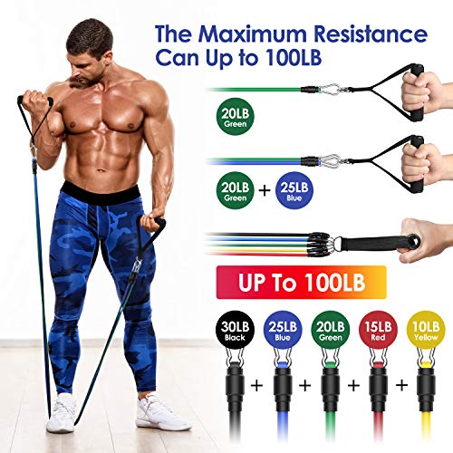 Elastici Fitness Professionali Set con 5 Bande Elastiche Fitness resistenza a 100 LB Attrezzi elastici palestra fitness casa, Yoga, Pilates