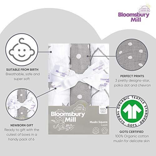 Bloomsbury Mill - Confezione da 6 teli quadrati in mussola - Grigio e bianco