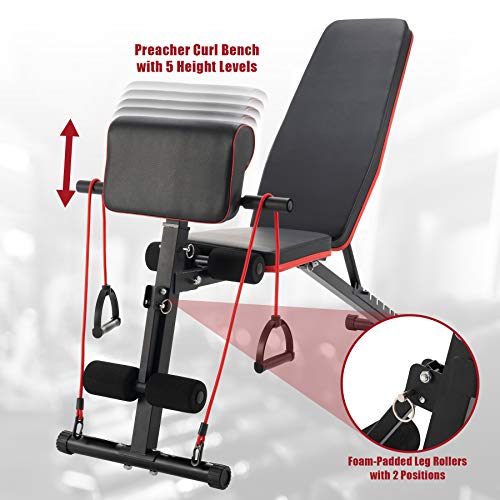 Panca Pesi Regolabile con Sedia Romana Preacher Curl Attrezzatura da Allenamento per Addominali Panca Fitness per Casa Massimo 150 kg con Set di Fasce di Resistenza (Stile Aggiornato)