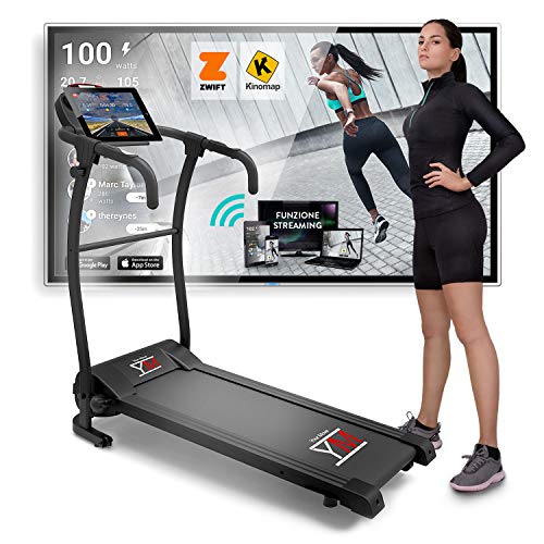 YM TAP100 Tapis Roulant Elettrico Pieghevole 10 km/h, App KINOMAP e ZWIFT Coaching Multiplayer, Sensore Cardio, 12 Programmi, Pulsanti Velocità Manubrio, Lubrificazione Automatica, 750W (2,5HP Picco)