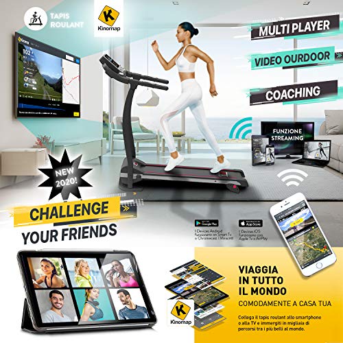 YM TAP100APP Tapis Roulant Elettrico Pieghevole 11 km/h App KINOMAP & ZWIFT Video/Coach, Sensore Cardio Inclinazione Regolabile, 12 Programmi, Lubrificazione Automatica, 750W (1800W - 2,5HP Picco)