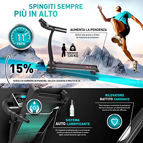 YM TAP100APP Tapis Roulant Elettrico Pieghevole 11 km/h App KINOMAP & ZWIFT Video/Coach, Sensore Cardio Inclinazione Regolabile, 12 Programmi, Lubrificazione Automatica, 750W (1800W - 2,5HP Picco)