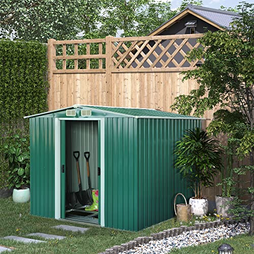 Casetta da Giardino Porta Utensili in Lamiera di Acciaio, Capanno da Giardino in Acciaio con Porte Scorrevoli, 258x206x178cm, Verde