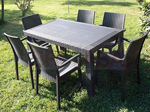 Set Garden Top Tavolo e 6 Poltrone in Resina Effetto Rattan da Giardino, Antracite, 140x80x72 cm