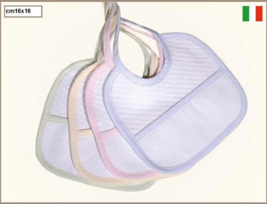 DA RICAMARE. CONFEZIONE N.6 BAVETTE IN INTERLOCK ROMBETTO CON INSERTO IN TELA AIDA E BORDATURA DI VARI COLORI - Eccomi OnLine