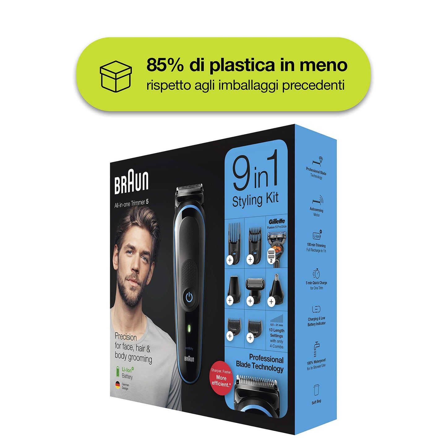 Braun Tutto-In-Uno 5 MGK5280 Regolabarba Uomo, Tagliacapelli, Rifinitore Corpo, Tecnologia AutoSense, 7 Accessori, Confezione con 85 % di Plastica in Meno, Nero/Blu - Eccomi OnLine