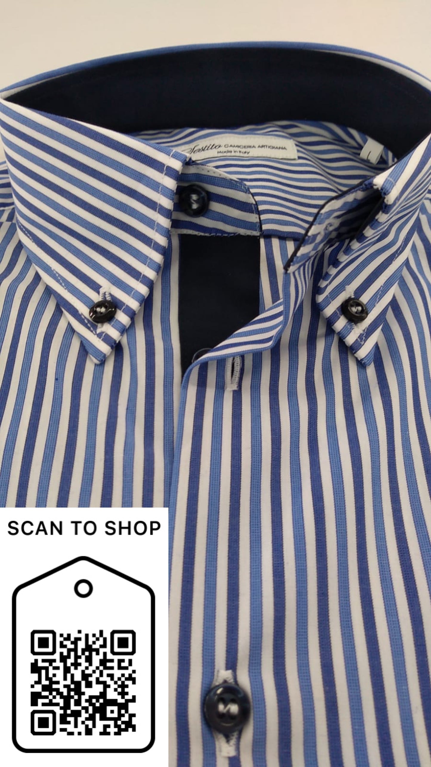 CAMICIA BASTONCINO BIANCO-AZZURRO-CELESTE IN COTONE