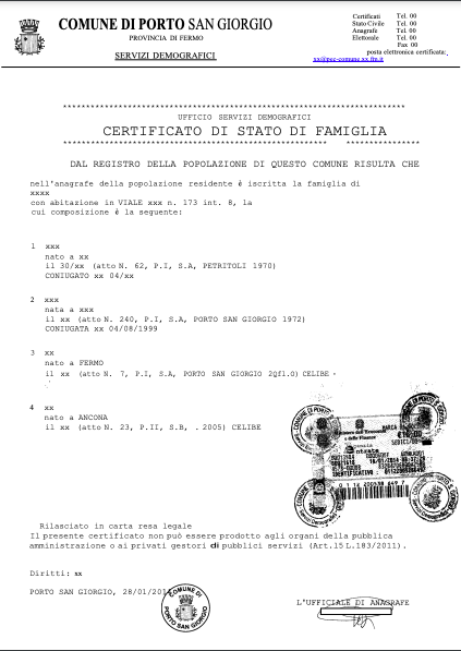 CERTIFICATI ANAGRAFE DEL COMUNE