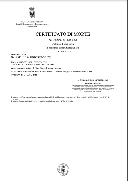 CERTIFICATI ANAGRAFE DEL COMUNE