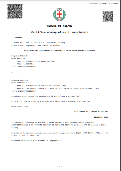 CERTIFICATI ANAGRAFE DEL COMUNE