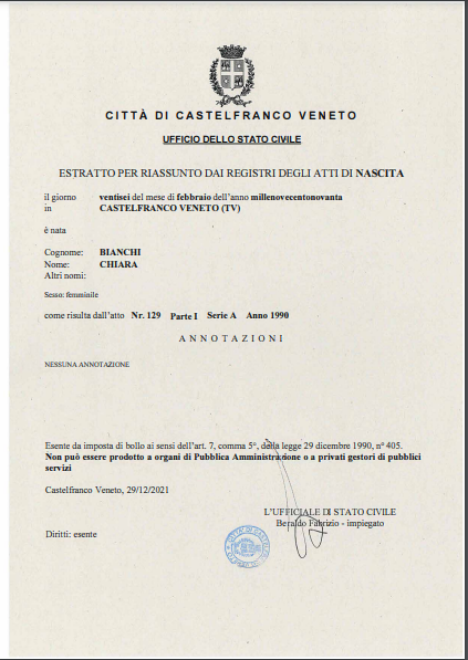 CERTIFICATI ANAGRAFE DEL COMUNE