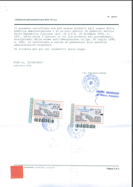 CERTIFICATO CARICHI PENDENTI TRIBUNALE