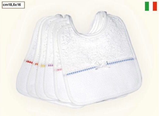 DA RICAMARE. CONFEZIONE N.6 BAVETTE IN SPUGNA BIANCA, INSERTO IN TELA AIDA CON BORDATURA DI VARI COLORI - Eccomi OnLine