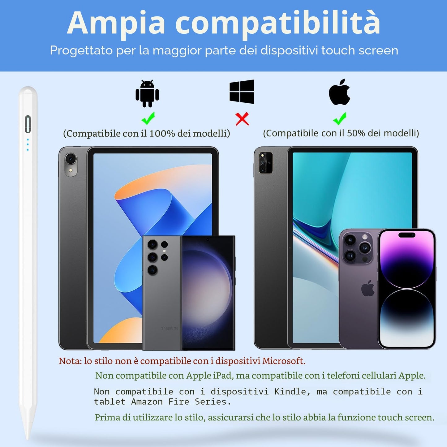 Penna per Tablet Android con Pennino (Bianco)