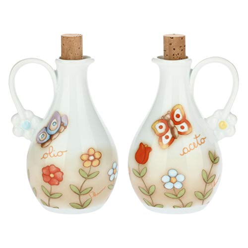THUN - Set Olio e Aceto, con Decorazione Fiori e Farfalle - Accessori Cucina - Linea Country - Porcellana con Tappo in Sughero - 250 ml, 14 h cm - Eccomi OnLine