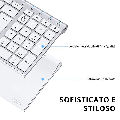 Tastiera Bluetooth, Tastiera Ricaricabile Multi-Dispositivo Bluetooth 5.1 con Tappeto Numerico Dal Design Ergonomico di Dimensioni con Connessione Stabile Tastiera per Mac OS, Android, Windows