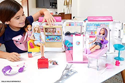Barbie Ambulanza, Trasformabile in Clinica Mobile con 3 Stanze e Tanti Accessori, sirena funzionante, Bambola non Inclusa, Giocattolo per Bambini 3 + Anni, FRM19 - Eccomi OnLine