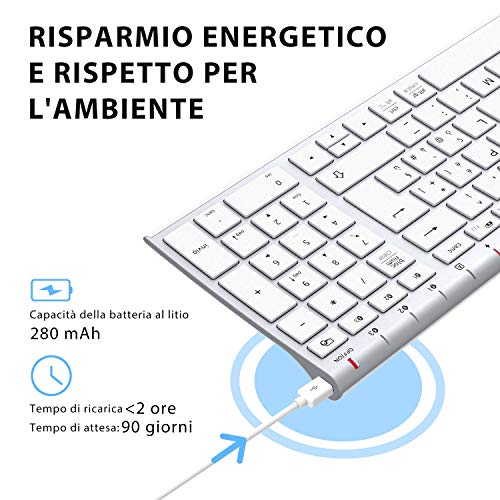 Tastiera Bluetooth, Tastiera Ricaricabile Multi-Dispositivo Bluetooth 5.1 con Tappeto Numerico Dal Design Ergonomico di Dimensioni con Connessione Stabile Tastiera per Mac OS, Android, Windows