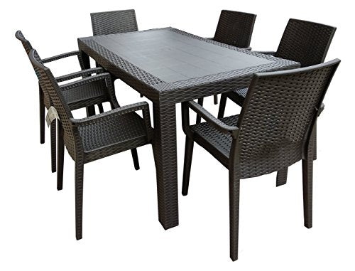 Set Garden Top Tavolo e 6 Poltrone in Resina Effetto Rattan da Giardino, Antracite, 140x80x72 cm