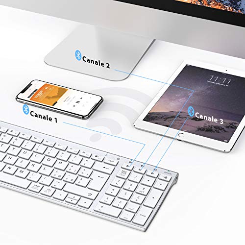 Tastiera Bluetooth, Tastiera Ricaricabile Multi-Dispositivo Bluetooth 5.1 con Tappeto Numerico Dal Design Ergonomico di Dimensioni con Connessione Stabile Tastiera per Mac OS, Android, Windows