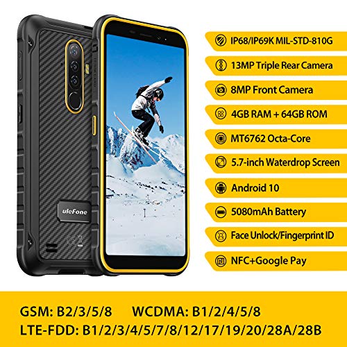 Smartphone Rugged Dual Sim 4G, Ulefone Armor X8 Octa-core 4GB + 64GB, Cellulare Offerta Antiurto con Impronta Digitale, 5.7 Pollici Face Unlock, 5080mAh, NFC, Type C, Android 10, Arancio - Eccomi OnLine