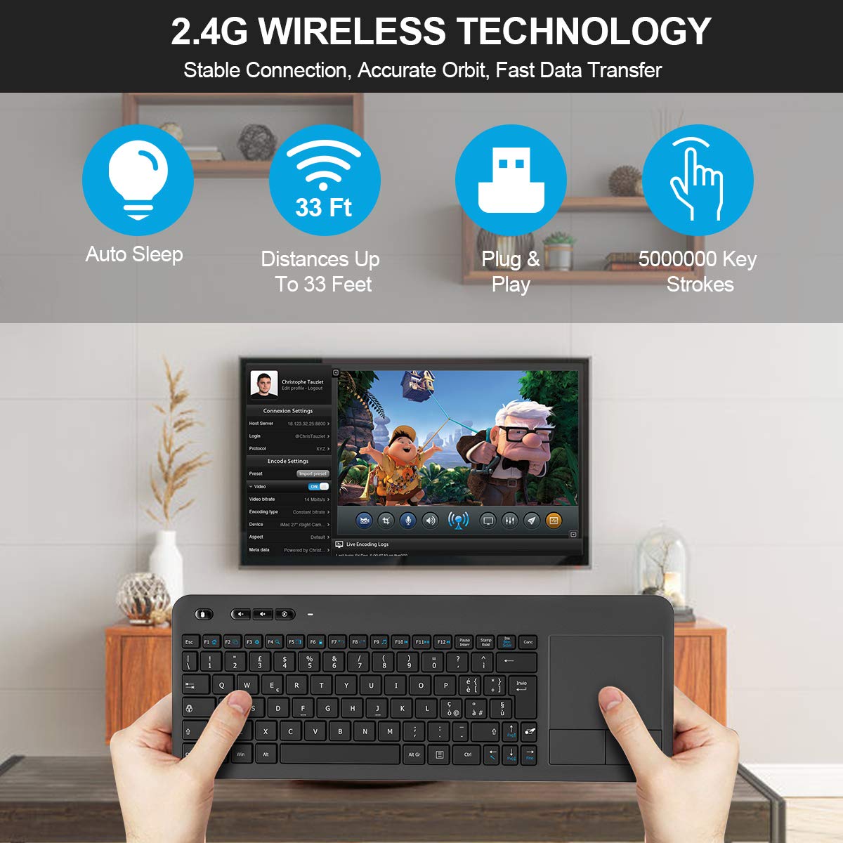 TedGem Tastiera Wireless PC, 2.4G Tastiera Wireless Smart TV Tastiera Wireless per Smart TV USB Ergonomica Tastiera Senza Fili Wireless Tastiera con Touchpad per Laptop/Mac/PC/Android TV - Eccomi OnLine