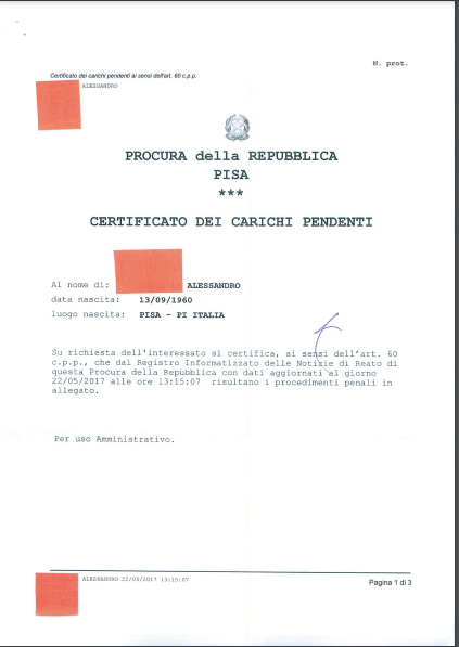 CERTIFICATO CARICHI PENDENTI TRIBUNALE